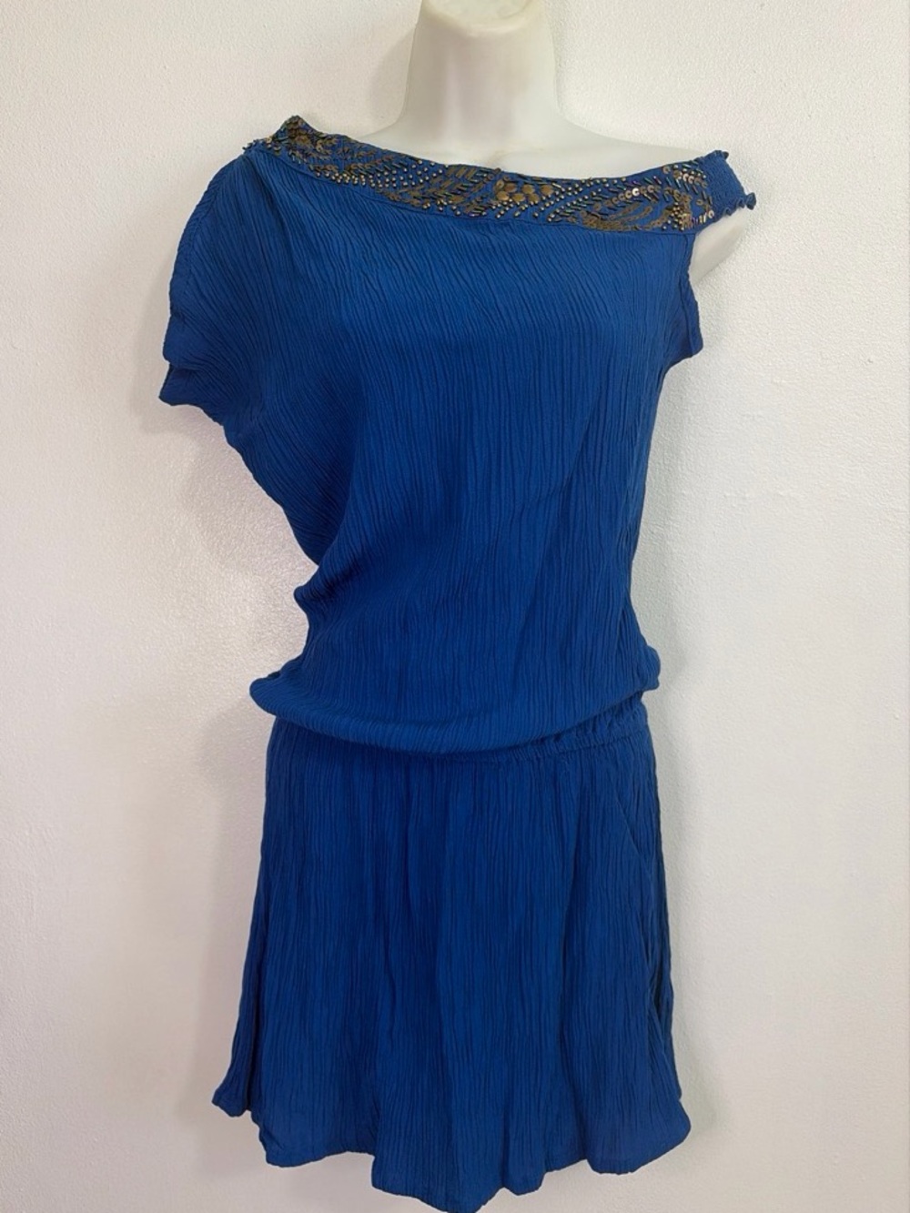 IndoMario Boho One Shoulder Dress Blue Beaded Sequin Trim XS Rayon Festival